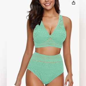 Coral WomenCrochet Lace V Neck Bathing Suit High Waist Bikini Set
